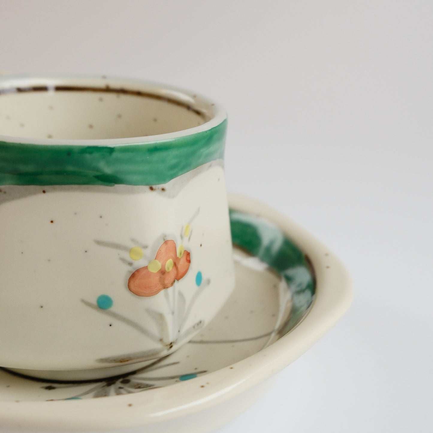 Uba Arita Ware Hand Painted Hexagonal Floral Cup and Saucer 100ml - Green