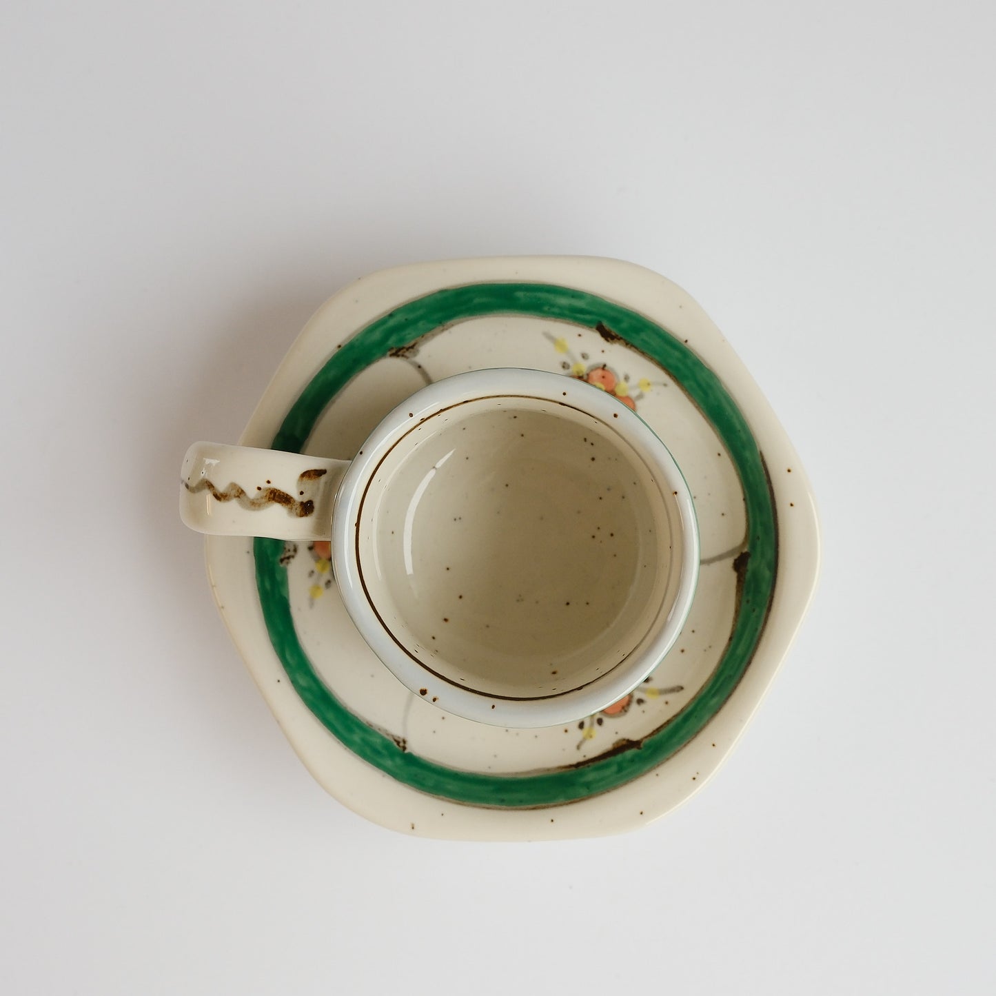 Uba Arita Ware Hand Painted Hexagonal Floral Cup and Saucer 100ml - Green