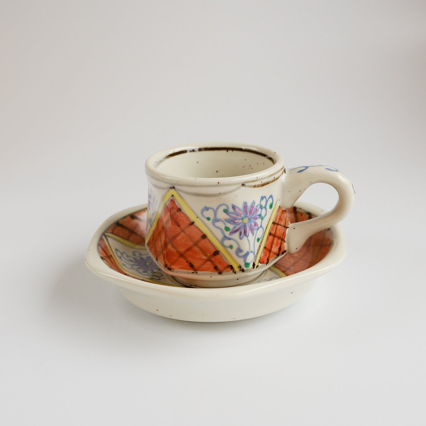 Uba Arita Ware Hand Painted Hexagonal Floral Cup and Saucer 100ml - Orange