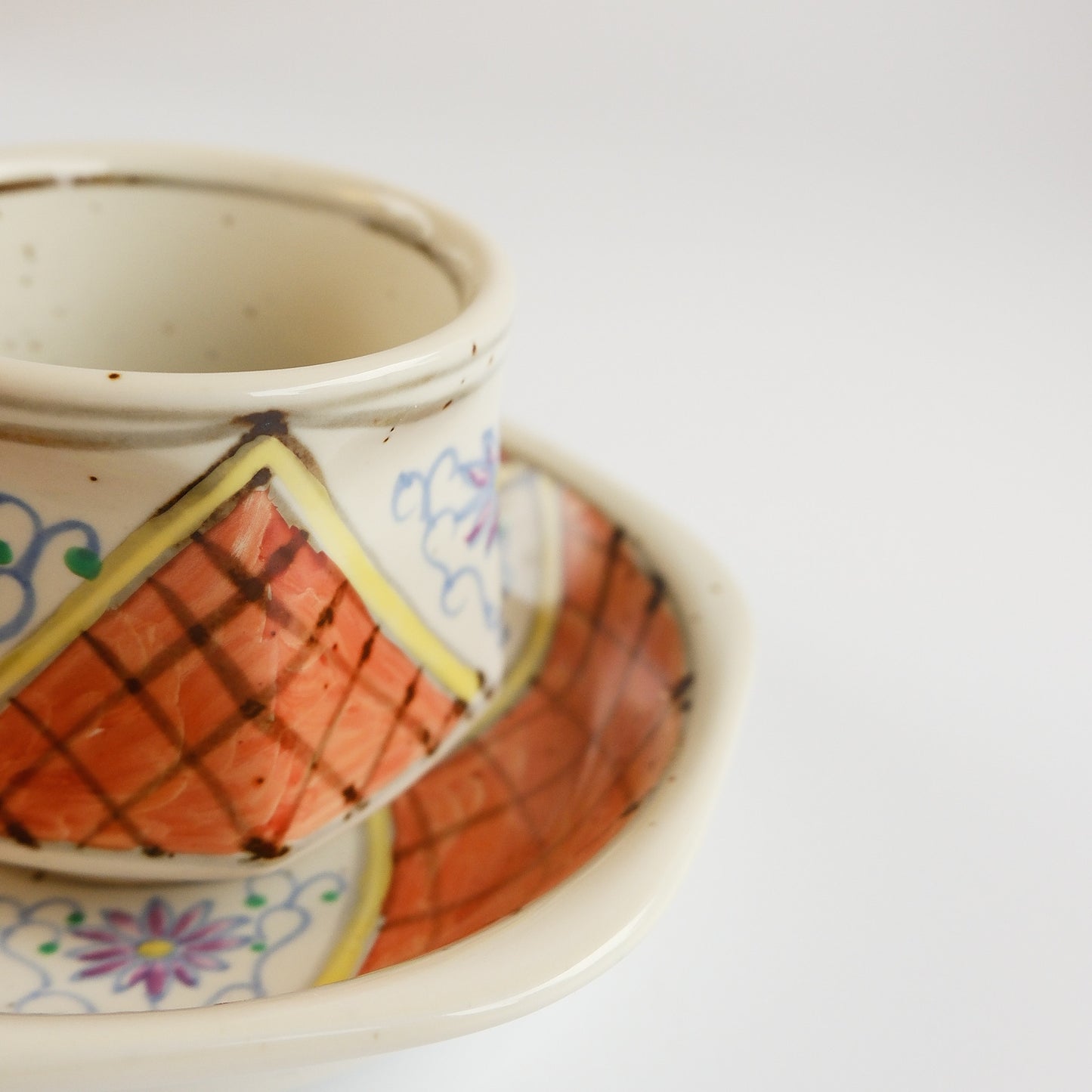 Uba Arita Ware Hand Painted Hexagonal Floral Cup and Saucer 100ml - Orange