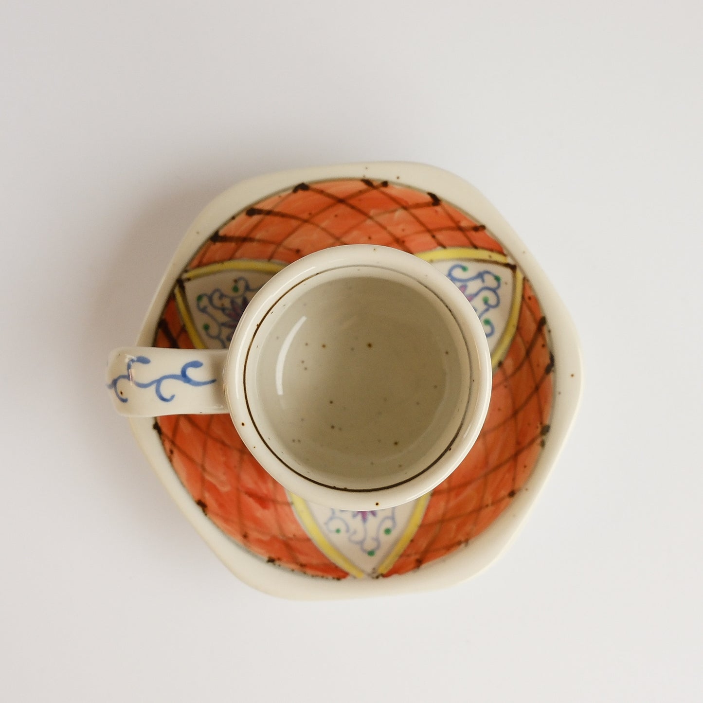 Uba Arita Ware Hand Painted Hexagonal Floral Cup and Saucer 100ml - Orange