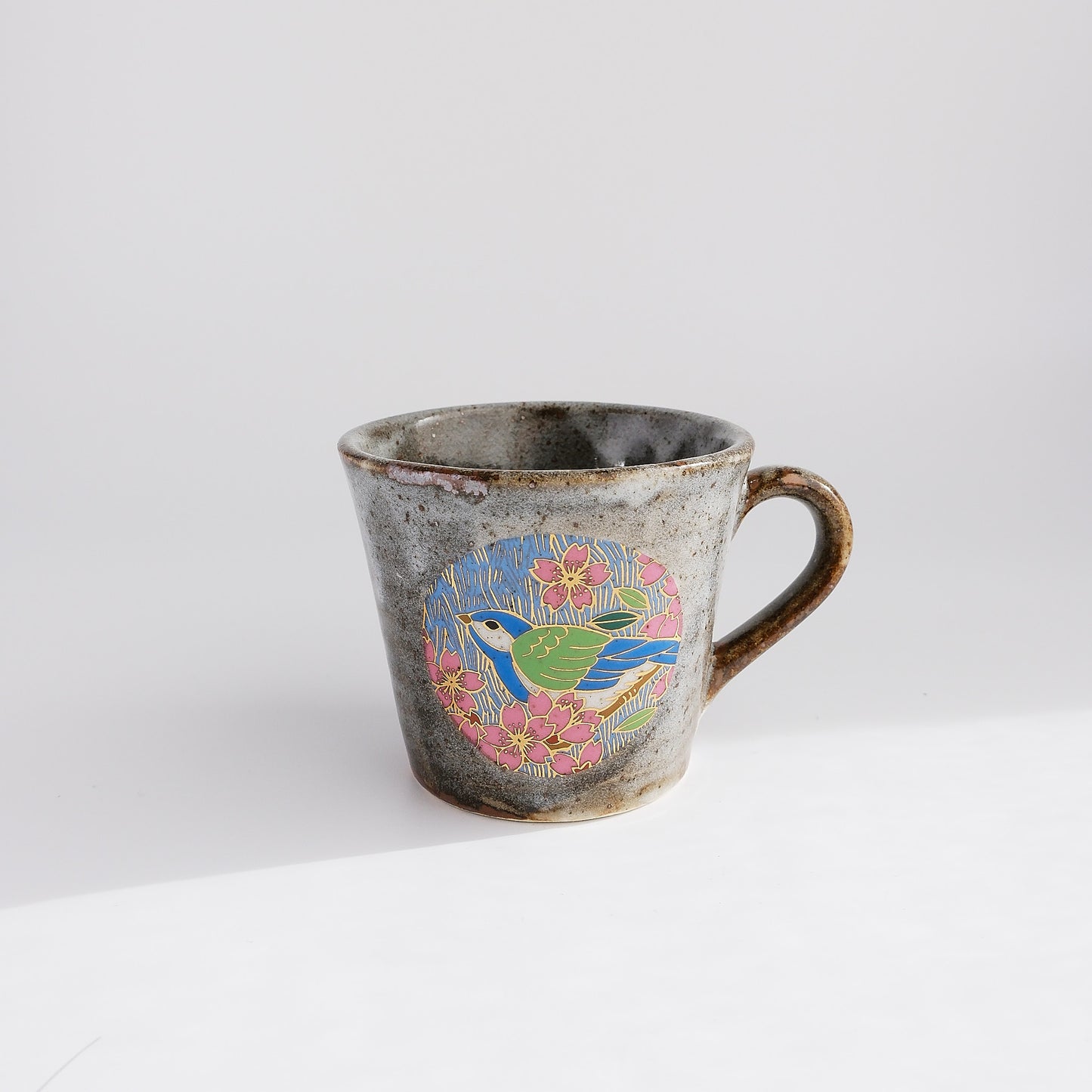 Uba Kutani Ware Japanese Mug Cup - Gold Spring Cherry Bird