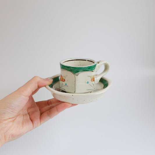 Uba Arita Ware Hand Painted Hexagonal Floral Cup and Saucer 100ml - Green