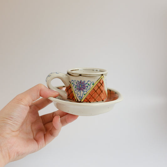 Uba Arita Ware Hand Painted Hexagonal Floral Cup and Saucer 100ml - Orange