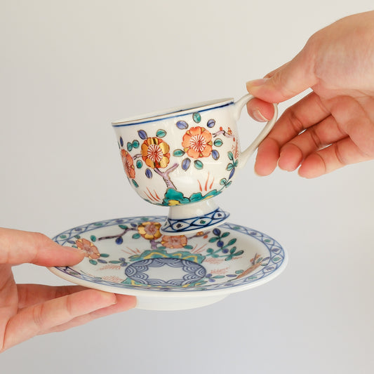 Uba Hasami Ware Hand Painted Coffee Cup and Saucer 180ml - Gold Plum