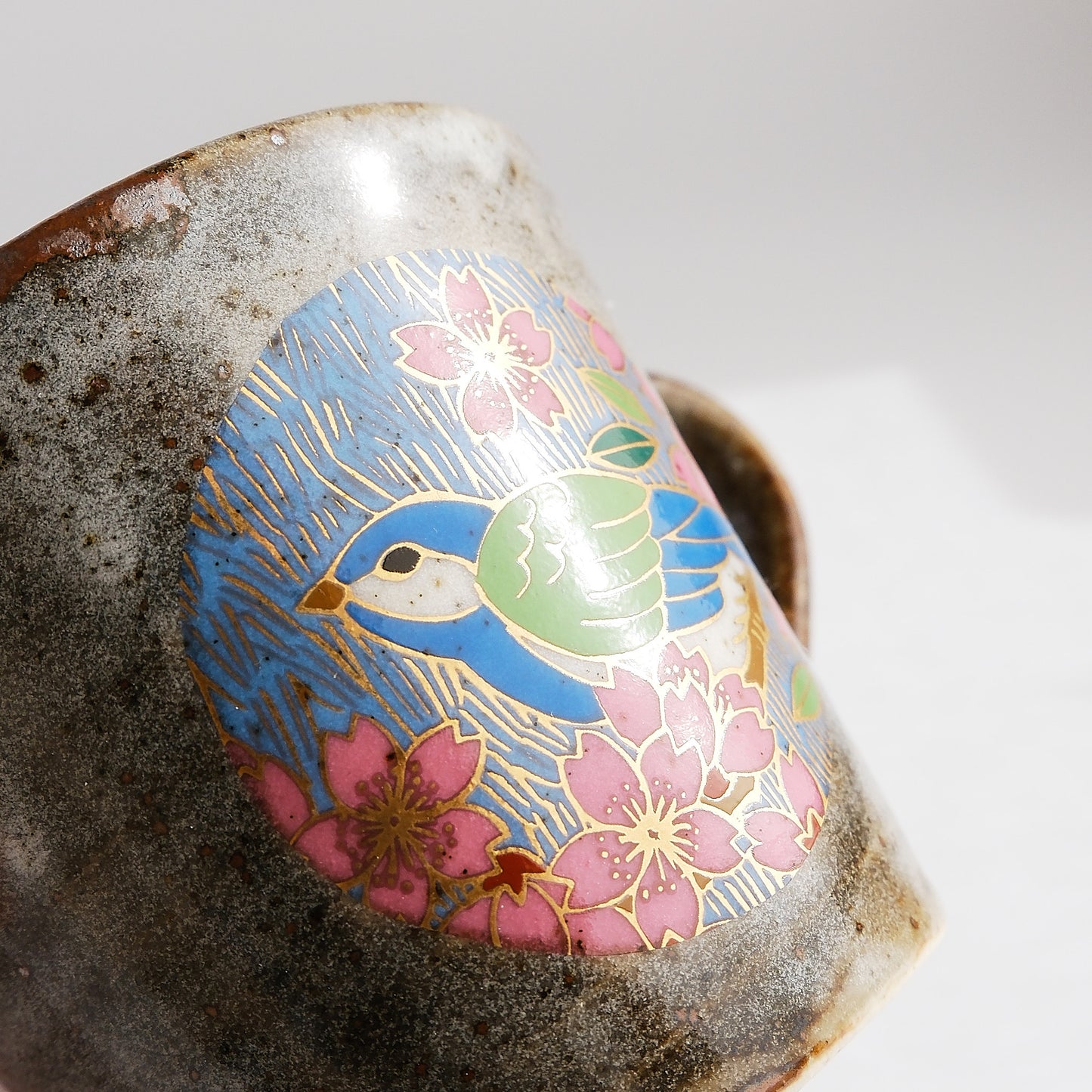 Uba Kutani Ware Japanese Mug Cup - Gold Spring Cherry Bird