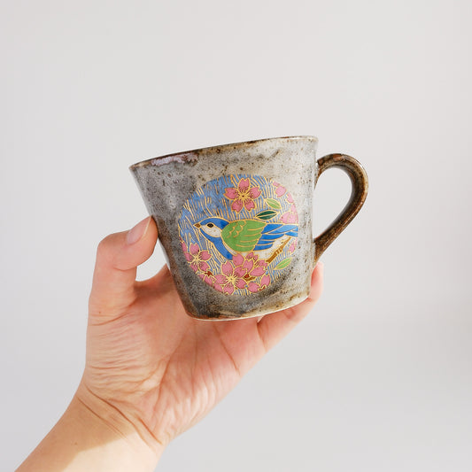 Uba Kutani Ware Japanese Mug Cup - Gold Spring Cherry Bird