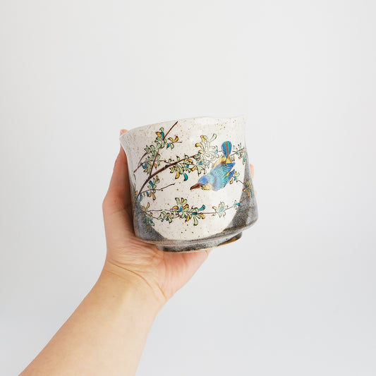 Uba Kutani Ware Japanese Yunomi Tea Cup - Kawasemi Kingfisher Bird