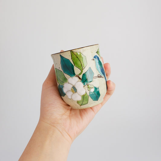 Uba Kutani Ware Japanese Yunomi Tea Cup - White Camellia Bird