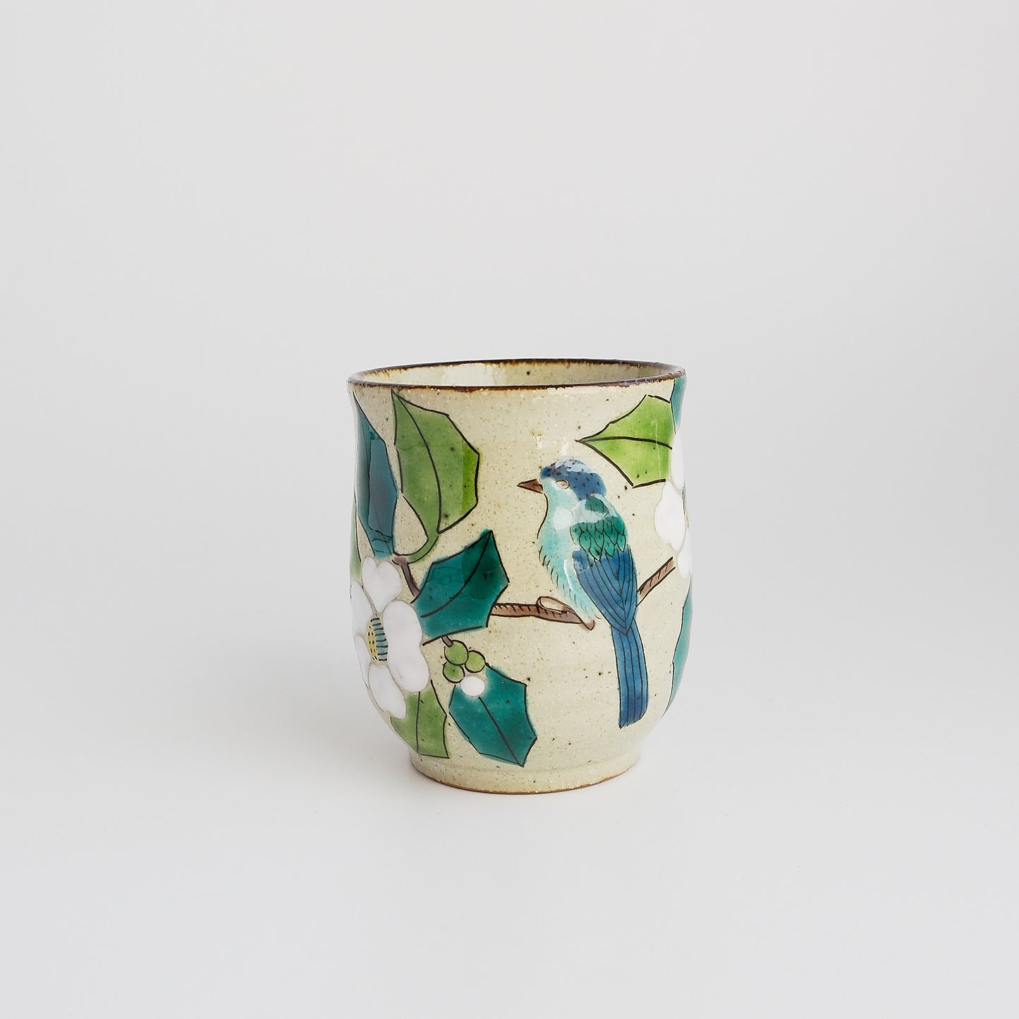 Uba Kutani Ware Japanese Yunomi Tea Cup - White Camellia Bird